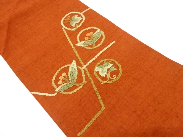 JAPANESE KIMONO / UNUSED NAGOYA OBI / SILK / HAND WOVEN TSUMUGI / ROUNDEL & IVY LEAVES & FLOWERS